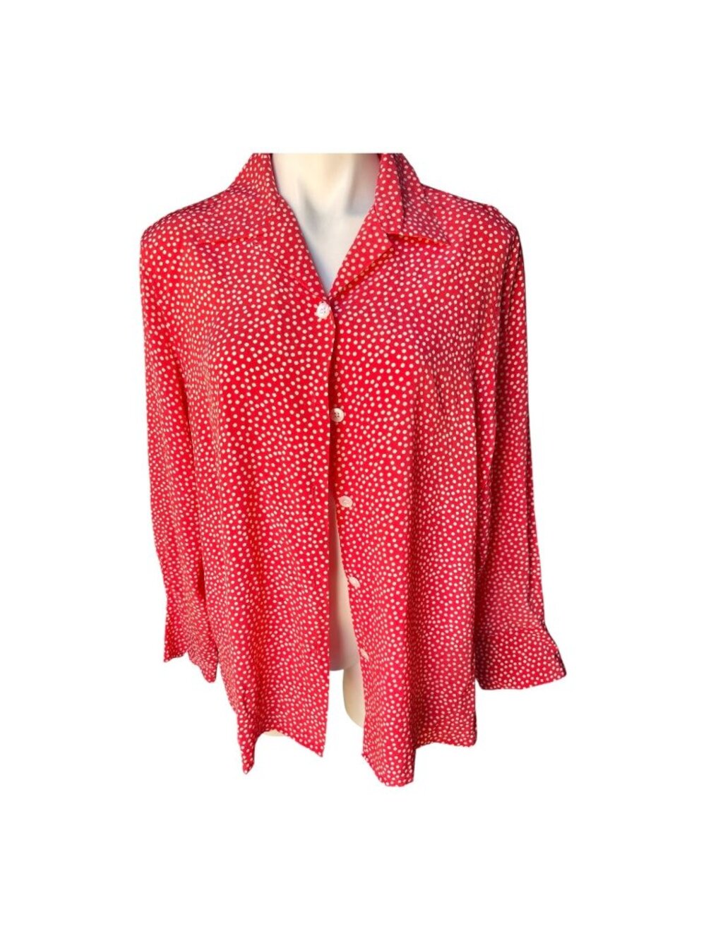 Ann May Women's Blouse Size L Red & White Polka Dot Silk Button-Career Classic
